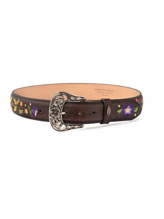 Ceinture en cuir marron avec broderie fleur