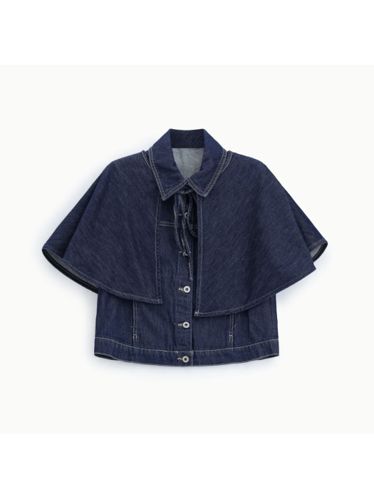 Veste courte en denim à cape et col chemise bleu brut